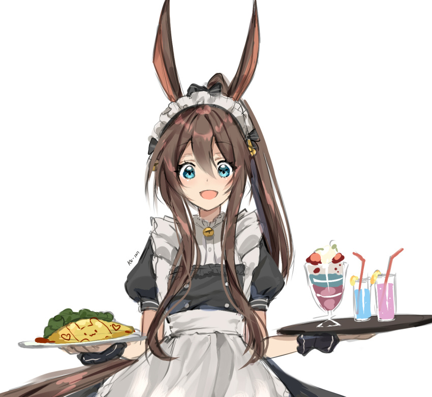 1girl alternate_costume amiya_(arknights) animal_ears apron arknights artist_name bangs black_dress blue_eyes brown_hair bunny_girl commentary commentary_request cowboy_shot dress drinking_straw english_commentary enmaided eyebrows_visible_through_hair food glass hair_between_eyes highres holding holding_plate kuini long_hair looking_at_viewer maid maid_headdress omurice open_mouth parfait partially_translated plate ponytail rabbit_ears short_hair sidelocks simple_background solo translation_request very_long_hair waist_apron white_background