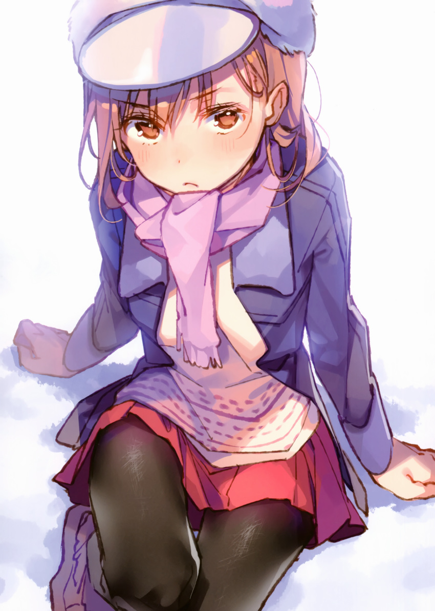 1girl absurdres arms_at_sides black_legwear blue_jacket blush brown_eyes brown_footwear brown_hair closed_mouth dsmile eyebrows_visible_through_hair hat highres jacket long_sleeves looking_at_viewer misaka_mikoto pantyhose purple_scarf red_skirt scarf short_hair sitting skirt solo to_aru_kagaku_no_railgun to_aru_majutsu_no_index white_headwear