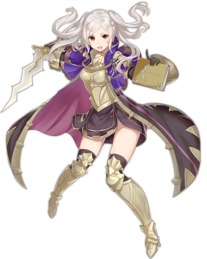 1girl armor black_gloves black_legwear book brown_eyes fire_emblem fire_emblem_awakening full_body gloves haru_(nakajou-28) highres holding holding_book holding_sword holding_weapon long_sleeves open_mouth robin_(fire_emblem) robin_(fire_emblem)_(female) simple_background solo sword thigh-highs twintails weapon white_background white_hair