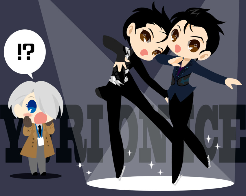 !? 3boys :o black_hair blue_eyes bodysuit brown_eyes brown_gloves coat copyright_name dual_persona gloves hair_over_one_eye hair_slicked_back hands_on_own_cheeks hands_on_own_face heart heart-shaped_pupils ice_skates kaorin_minogue katsuki_yuuri lanyard male_focus multiple_boys necktie open_mouth silver_hair skates smile sparkle spotlight symbol-shaped_pupils viktor_nikiforov yuri!!!_on_ice