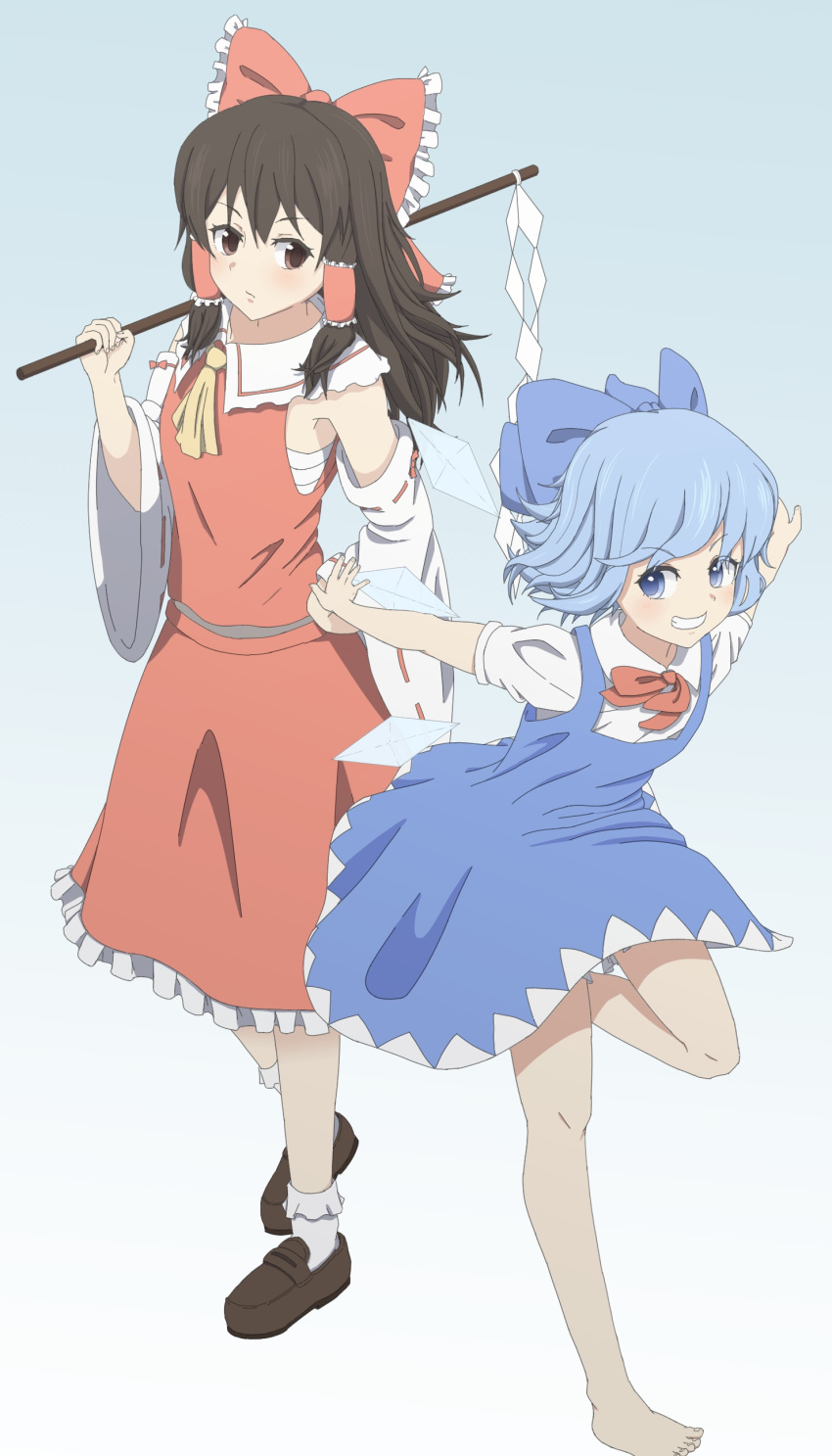 2girls :/ absurdres ankle_socks arm_up armpit_peek arms_behind_back arms_up barefoot black_hair blue_background blue_dress blue_eyes blue_hair bow brown_eyes brown_footwear cirno cravat detached_sleeves dress expressionless eyebrows_visible_through_hair full_body gohei gradient gradient_background grin hair_bow hair_tubes hakurei_reimu hand_on_hip highres holding loafers looking_at_viewer medium_hair midori_08 multiple_girls outstretched_arms petticoat pinafore_dress puffy_short_sleeves puffy_sleeves red_neckwear red_ribbon red_skirt red_vest ribbon ribbon-trimmed_sleeves ribbon_trim sarashi shirt shoes short_hair short_sleeves sidelocks skirt smile spread_arms standing standing_on_one_leg touhou vest white_legwear white_shirt yellow_neckwear