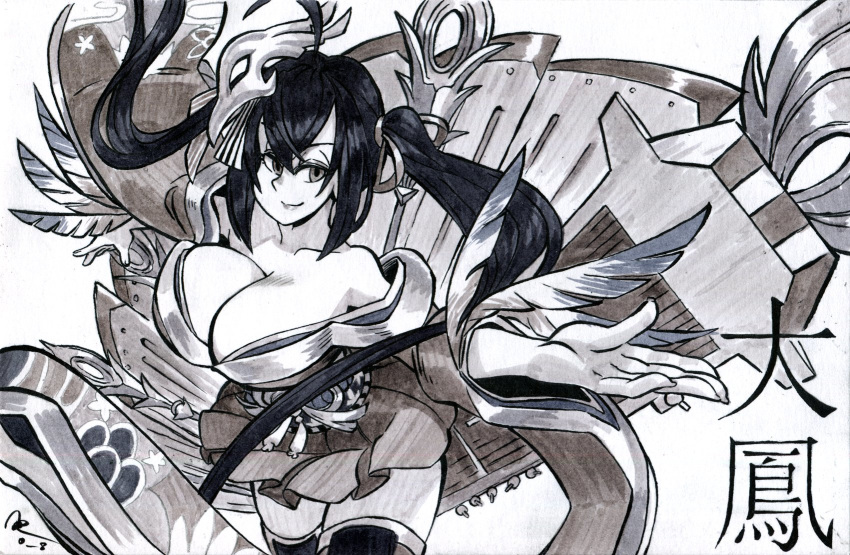 1girl ahoge alex_ahad azur_lane breasts commentary commission english_commentary feather-trimmed_sleeves greyscale highres huge_ahoge huge_breasts long_hair looking_at_viewer marker_(medium) mecha_musume monochrome off-shoulder_kimono smile solo taihou_(azur_lane) thigh-highs traditional_media twintails wide_sleeves zettai_ryouiki