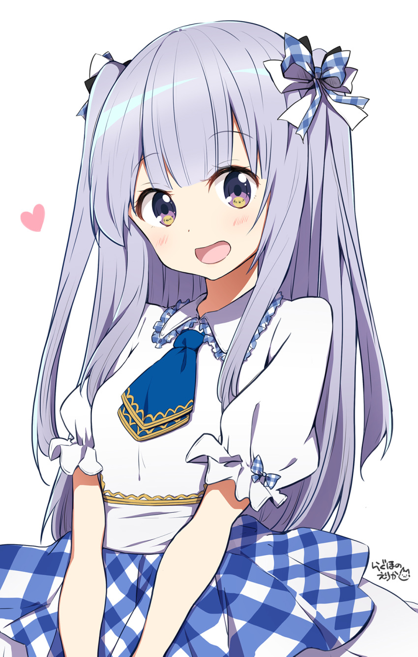 1girl bangs blue_neckwear blue_ribbon blush breasts check_character commentary_request dress eyebrows_visible_through_hair grey_hair hair_ornament hair_ribbon heart heart_print highres long_hair looking_at_viewer onsen_musume open_mouth ragho_no_erika ribbon short_sleeves signature simple_background small_breasts smile solo tamagawa_yuria two_side_up white_background