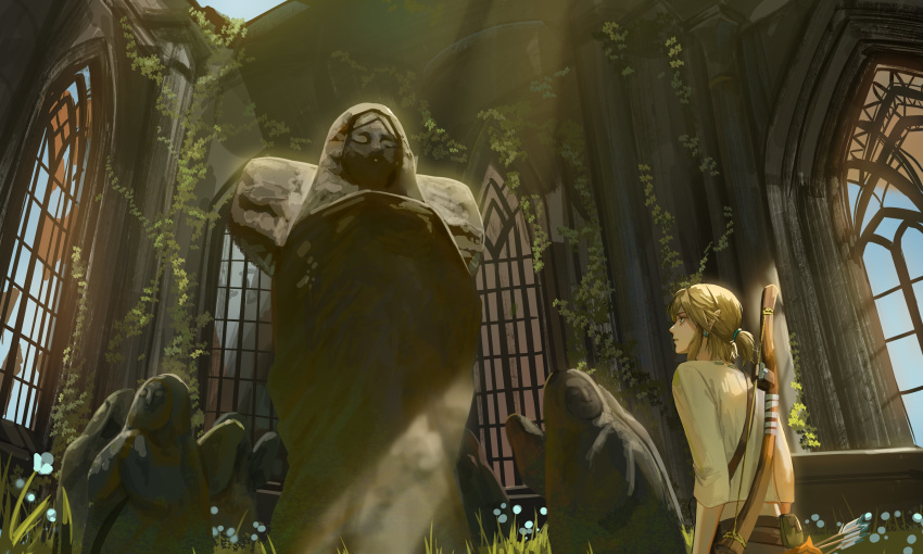 1boy absurdres blonde_hair blue_eyes bow_(weapon) earrings flower grey_shirt highres hylia ivy jewelry long_hair looking_up nuavic pointy_ears shirt statue temple the_legend_of_zelda the_legend_of_zelda:_breath_of_the_wild weapon window