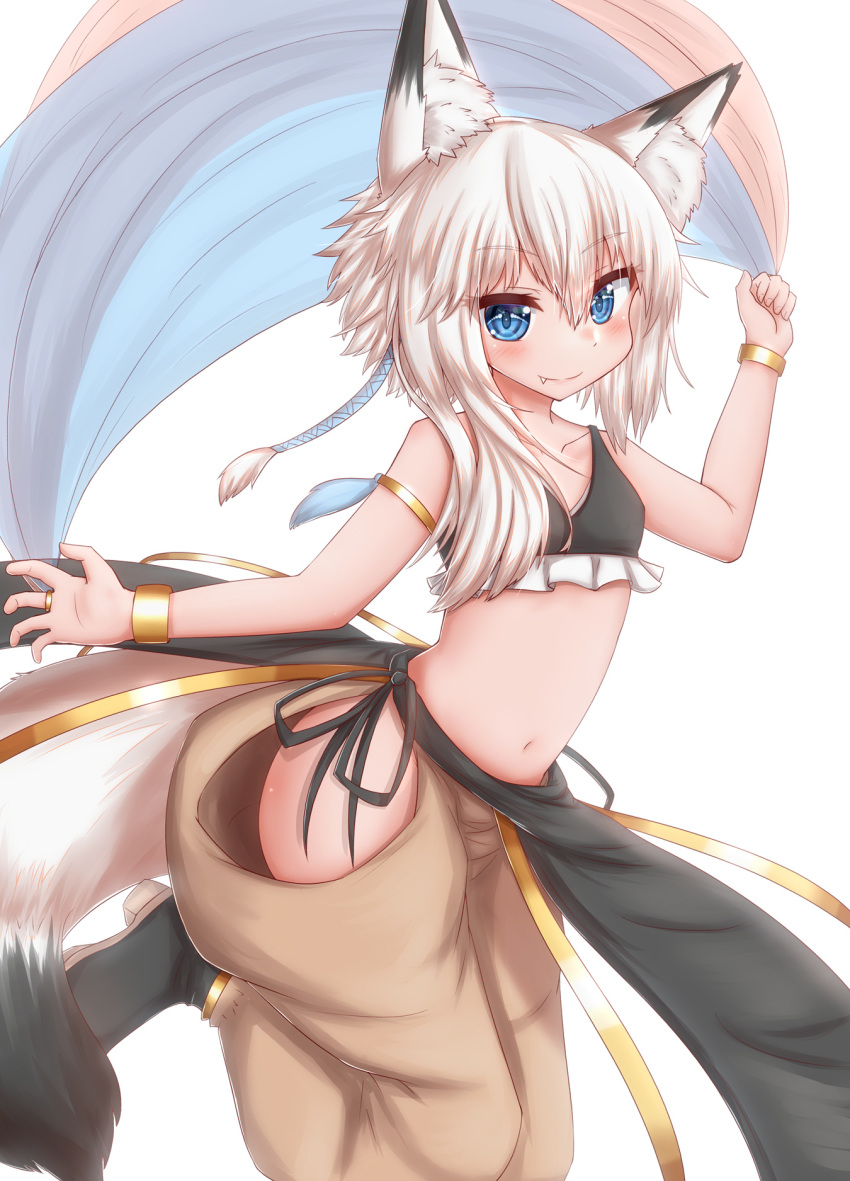 1girl animal_ear_fluff animal_ears bangle bare_shoulders black_footwear blush boots bracelet brown_pants closed_mouth collarbone commentary_request fang fang_out fox_ears fox_girl fox_tail frills hands_up highres hip_vent horokusa_(korai) jewelry long_hair navel original pants puffy_pants sidelocks simple_background smile solo standing standing_on_one_leg tail white_background white_hair