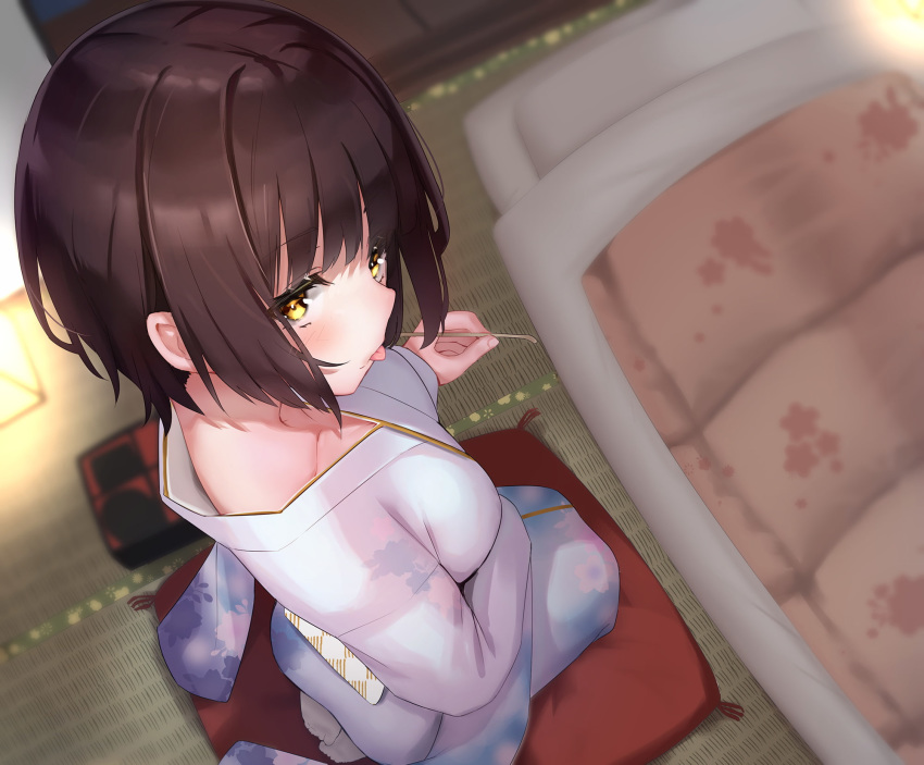 1girl blurry blurry_background blush breasts bright_pupils brown_hair depth_of_field eyebrows_visible_through_hair floral_print from_above futon highres japanese_clothes kimono looking_at_viewer medium_breasts mimikaki original reinama seiza short_hair sitting solo tatami tongue tongue_out white_legwear white_pupils yellow_eyes