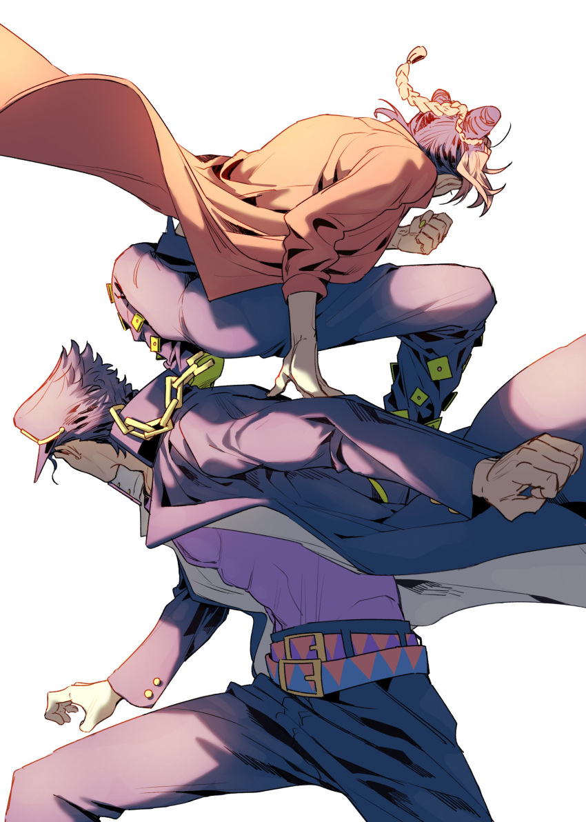 1boy 1girl absurdres ass back belt blonde_hair blue_hair blue_headwear blue_jacket blue_pants braid braided_ponytail chain clenched_hand commentary cowboy_shot double_bun father_and_daughter full_body hat highres jacket jojo_no_kimyou_na_bouken kuujou_jolyne kuujou_joutarou long_sleeves medium_hair multicolored_hair noyasuda open_clothes open_jacket orange_jacket pants purple_shirt shirt short_hair simple_background standing_on_person two-tone_hair white_background