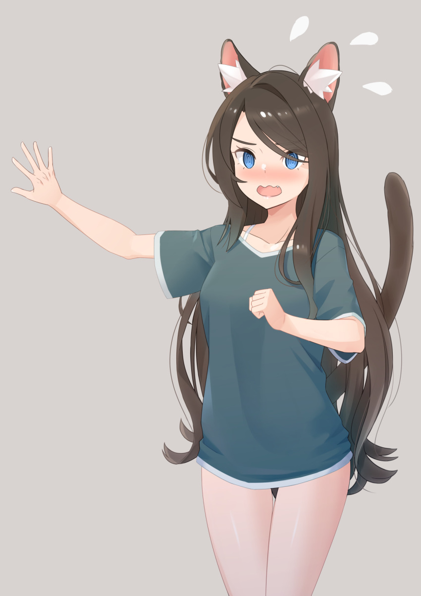 1girl @_@ animal_ear_fluff animal_ears armpits bangs black_hair blue_eyes blush cat_ears cat_tail cowboy_shot eyebrows_visible_through_hair facing_viewer fang full-face_blush grey_background highres long_hair navel nekoze_(s22834712) open_mouth original outstretched_arm shirt simple_background solo swept_bangs t-shirt tail