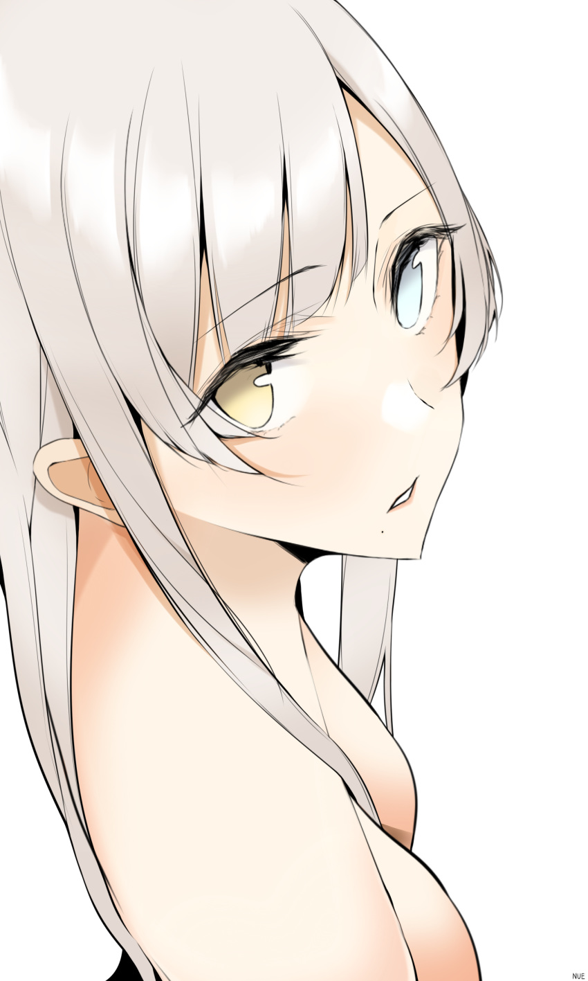 1girl absurdres blue_eyes breasts grey_hair heterochromia highres long_hair looking_at_viewer multicolored multicolored_eyes naked_shirt nue0 open_mouth original shirt silver_hair small_breasts solo_focus white_hair yellow_eyes
