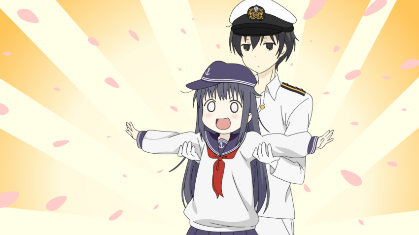 0_0 1boy 1girl :d admiral_(kantai_collection) admiral_(kantai_collection)_(cosplay) akatsuki_(kantai_collection) anchor_symbol anime_coloring bangs beige_background black_eyes black_hair black_sailor_collar black_skirt blush closed_mouth collared_shirt commentary cosplay dress_shirt epaulettes expressionless eyebrows_behind_hair flat_cap gloves hair_between_eyes hat kantai_collection lifting_person long_hair long_sleeves messy_hair military military_hat military_uniform naval_uniform neckerchief open_mouth outstretched_arms pants parody peaked_cap pleated_skirt purple_hair red_neckwear sailor_collar school_uniform serafuku shirt short_hair sidelocks skirt smile style_parody sugapi sunburst sunburst_background tanaka-kun_wa_itsumo_kedaruge tanaka_(tanakeda) two-tone_background uniform upper_body white_gloves white_pants white_serafuku white_shirt yellow_background