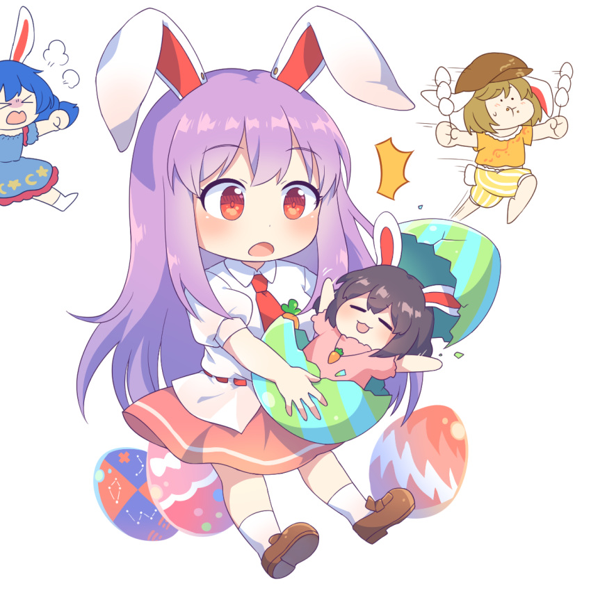 &gt;_&lt; /\/\/\ 4girls :3 :d :t =3 =_= animal_ears bangs barefoot black_hair blue_hair blue_shirt blue_skirt blush brown_footwear brown_hair brown_headwear caramell0501 carrot_necklace chibi closed_eyes commentary dango easter easter_egg egg eyebrows_visible_through_hair flat_cap food hat highres holding holding_food inaba_tewi loafers long_hair miniskirt multiple_girls open_mouth orange_shirt outstretched_arms pink_skirt puffy_short_sleeves puffy_sleeves purple_hair rabbit_ears red_eyes reisen_udongein_inaba ringo_(touhou) seiran_(touhou) shirt shoes short_hair short_sleeves shorts simple_background skirt skirt_set smile socks touhou very_long_hair wagashi white_background white_legwear white_shirt yellow_shorts