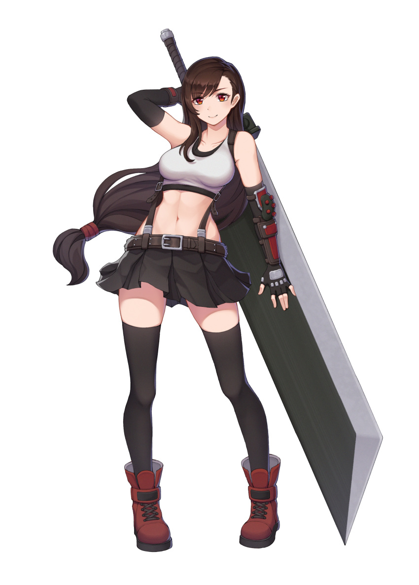1girl absurdres arm_guards belt black_hair black_legwear black_skirt black_thighhighs breasts buster_sword closed_mouth crop_top elbow_gloves female final_fantasy final_fantasy_vii final_fantasy_vii_remake fingerless_gloves full_body gloves highres holding holding_sword holding_weapon long_hair low-tied_long_hair midriff navel pleated_skirt red_footwear shirt shoes simple_background skirt sleeveless smile solo standing suspender_skirt suspenders sword tank_top taut_clothes taut_shirt thigh-highs thighhighs tifa_lockhart undershirt weapon weapon_on_back white_background white_tank_top yycaihuahua zettai_ryouiki