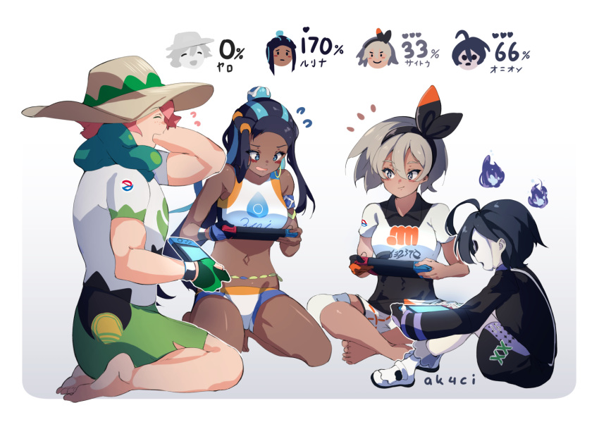 ahoge aka--chi armlet belly_chain black_hair black_hairband blue_eyes blue_hair bodysuit bodysuit_under_clothes covered_navel dark_skin earrings freckles gloves grey_hair gym_leader hair_between_eyes hair_bun hairband handheld_game_console hat highres jewelry long_hair male_focus mask multicolored_hair multiple_boys muscle necklace nintendo nintendo_switch onion_(pokemon) open_mouth pink_hair pokemon pokemon_(game) pokemon_swsh rurina_(pokemon) saitou_(pokemon) shirt short_hair short_sleeves shorts single_glove smile sun_hat super_smash_bros. translation_request two-tone_hair yarrow_(pokemon)