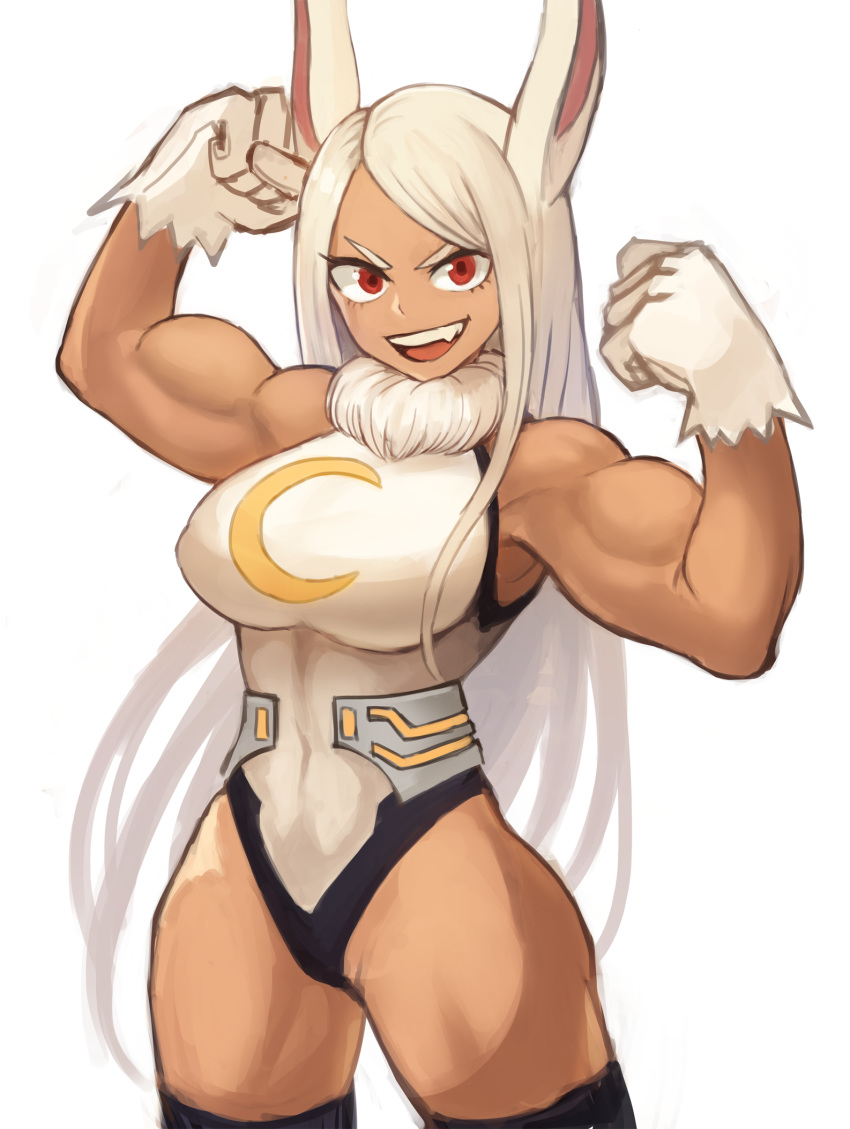1girl :d abs animal_ears armpits arms_up bare_arms bare_shoulders boku_no_hero_academia breasts dark_skin eyelashes fang fur_collar gloves highleg highleg_leotard highres impossible_clothes impossible_leotard korean_commentary large_breasts leotard long_hair looking_at_viewer mirko muscle muscular_female open_mouth rabbit_ears red_eyes simple_background smile solo sookmo standing teeth thigh-highs thighs toned v-shaped_eyebrows white_background white_gloves white_hair