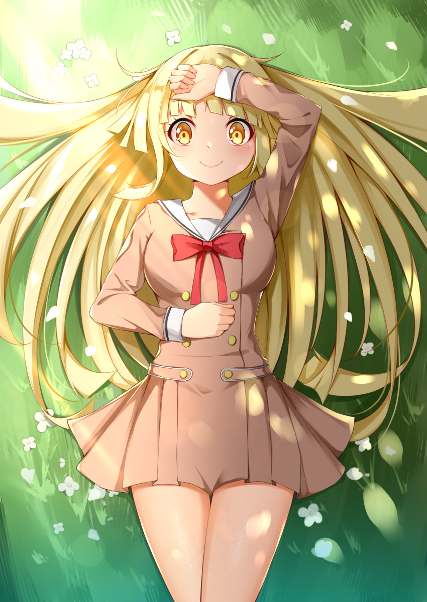 1girl absurdres bang_dream! bangs bare_thighs blonde_hair blush breasts brown_dress buttons collarbone commentary cowboy_shot double-breasted dress eyebrows_visible_through_hair falling_petals flower from_above grass hanasakigawa_school_uniform hand_on_head hand_on_own_stomach highres large_breasts light_rays long_hair long_sleeves looking_at_viewer lying neck_ribbon on_back red_neckwear ribbon sailor_collar sailor_dress school_uniform shade sidelocks smile solo sunbeam sunlight tming tsurumaki_kokoro white_sailor_collar yellow_eyes