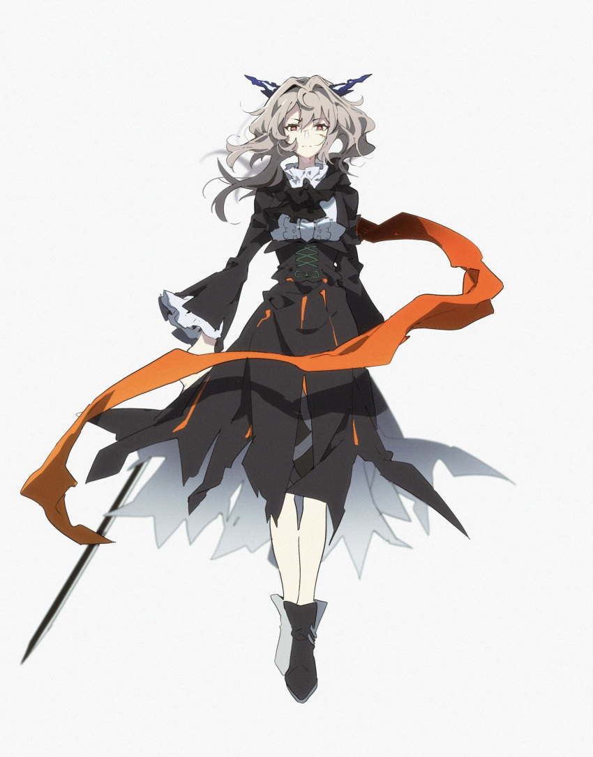1girl absurdres arknights ascot bangs black_dress black_footwear black_neckwear boots brown_eyes chinese_commentary commentary_request cuts dress eyebrows_visible_through_hair full_body grey_background grey_hair hair_between_eyes hair_intakes highres horns injury kagura_tohru long_hair long_sleeves looking_at_viewer simple_background solo standing sword talulah_(arknights) weapon wide_sleeves