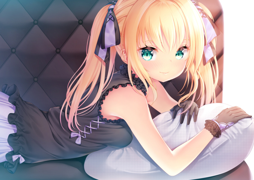 1girl bangs black_gloves blonde_hair blue_eyes breasts frills gloves hair_ribbon long_hair looking_at_viewer lying on_stomach original ribbon sleeveless small_breasts smile solo twintails zizi_(zz22)