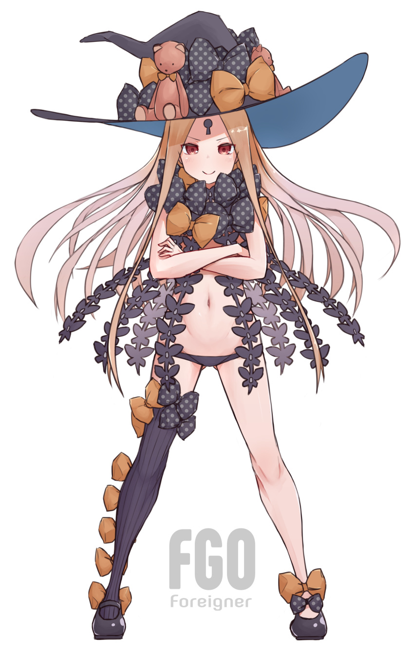 1girl abigail_williams_(fate/grand_order) absurdres bangs bare_arms black_bow black_footwear black_headwear black_legwear black_panties blonde_hair blush bow commentary_request copyright_name fate/grand_order fate_(series) full_body grey_hair hat hat_bow highres keyhole kopaka_(karda_nui) long_hair looking_at_viewer multicolored_hair multiple_bows navel orange_bow panties parted_bangs polka_dot polka_dot_bow red_eyes shoes simple_background single_thighhigh smile solo standing stuffed_animal stuffed_toy teddy_bear thigh-highs two-tone_hair underwear very_long_hair white_background