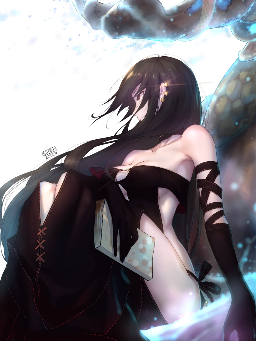 1girl 2019 black_dress black_hair book breasts consort_yu_(fate) dabingdan dated dress ear_piercing elbow_gloves fate/grand_order fate_(series) gloves highres knees_to_chest looking_away medium_breasts multiple_piercings piercing red_eyes revealing_clothes sideboob solo xiang_yu_(fate/grand_order)