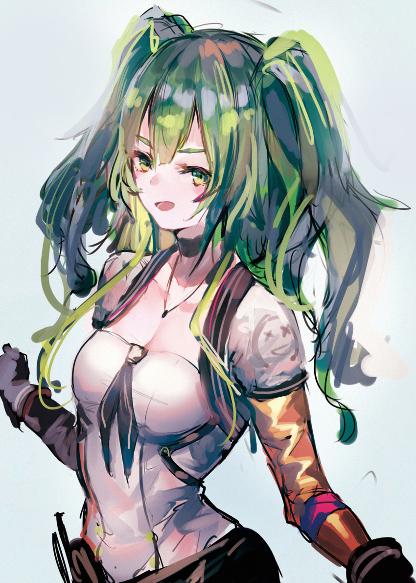 1girl black_gloves blue_sky breasts choker collarbone girls_frontline gloves green_eyes green_hair hair_ornament highres irikawa jewelry long_hair looking_at_viewer m950a_(girls_frontline) necklace necktie open_mouth shirt simple_background sky small_breasts smile solo strapless