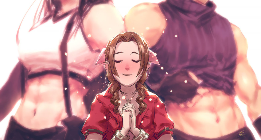 1boy 2girls abs aerith_gainsborough biceps bisexual_(female) blush brown_hair closed_eyes cloud_strife clouds crop_top final_fantasy final_fantasy_vii final_fantasy_vii_remake fingerless_gloves gloves hands_together head_out_of_frame jacket kathryn_layno multiple_girls muscle muscular_female navel praying red_jacket shirt_lift simple_background sleeveless sleeveless_turtleneck smile sports_bra stomach suspenders tifa_lockhart toned turtleneck
