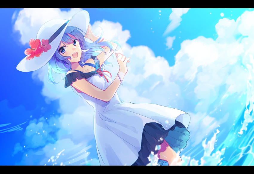 1girl alternate_costume arm_up awai_hinata blue_eyes blue_hair blue_sky bracelet breasts clouds cloudy_sky cowboy_shot day dress dutch_angle flower hand_on_headwear hat hat_flower hat_ribbon hibiscus hololive hoshimachi_suisei jewelry letterboxed looking_at_viewer medium_breasts medium_hair neck_ribbon ocean open_mouth outdoors red_neckwear red_ribbon ribbon sky sleeveless sleeveless_dress smile solo suisei_channel sun_hat virtual_youtuber wading white_dress white_headwear