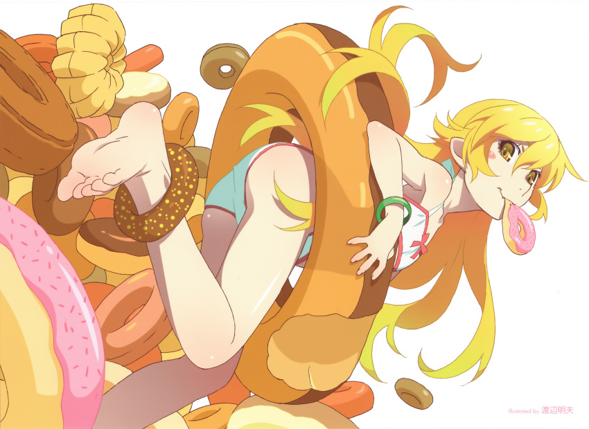 1girl absurdres ass bakemonogatari bangle bangs bare_arms bare_shoulders barefoot blonde_hair bow bracelet breasts doughnut eyebrows_visible_through_hair fang food from_behind highres holding holding_food jewelry long_hair looking_at_viewer monogatari_(series) mouth_hold oshino_shinobu oversized_food panties scan simple_background skirt small_breasts smile solo underwear very_long_hair white_background white_bow white_camisole white_panties yellow_eyes