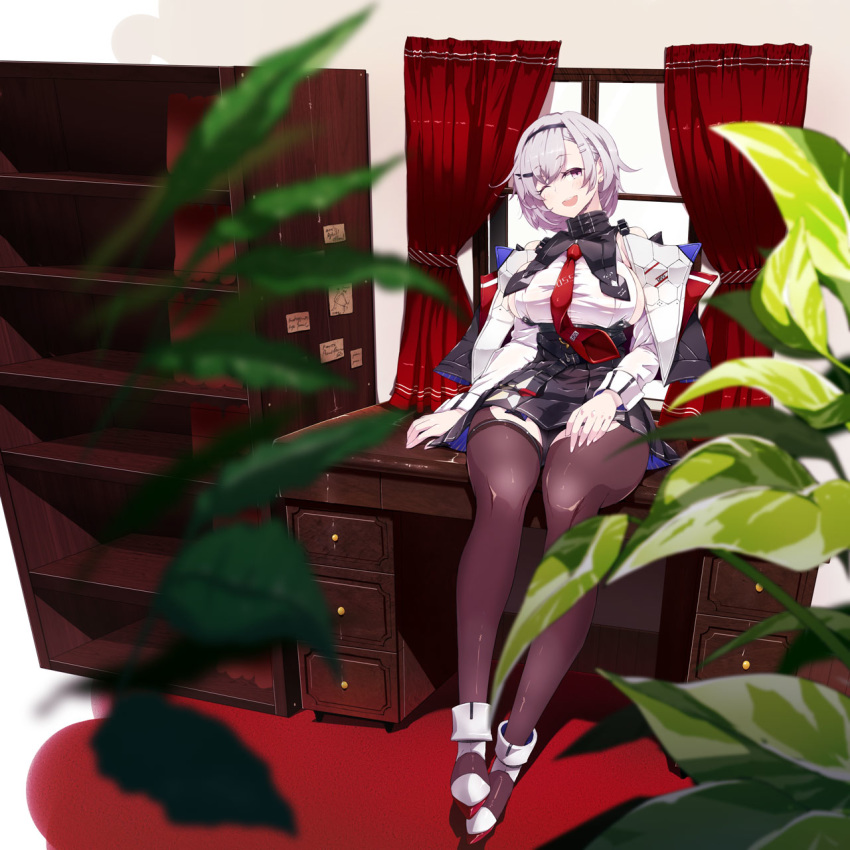 1girl azur_lane bangs bare_shoulders black_collar black_hairband black_skirt bookshelf breasts brown_legwear collar commentary_request desk detached_collar detached_sleeves eyebrows_visible_through_hair grey_hair hair_ornament hairband hairclip hand_on_own_thigh head_tilt highres indoors kasuteru large_breasts looking_at_viewer necktie office on_desk on_table one_eye_closed open_mouth plant red_carpet red_neckwear reno_(azur_lane) short_hair sideboob simple_background sitting skirt smile solo table thighs upper_teeth violet_eyes window