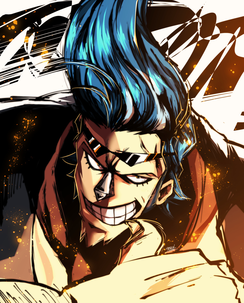 1boy blue_hair clenched_teeth eyewear_on_head franky grassjeak highres long_hair looking_at_viewer male_focus one_piece pointing pointing_at_self shirt smile solo sunglasses teeth upper_body