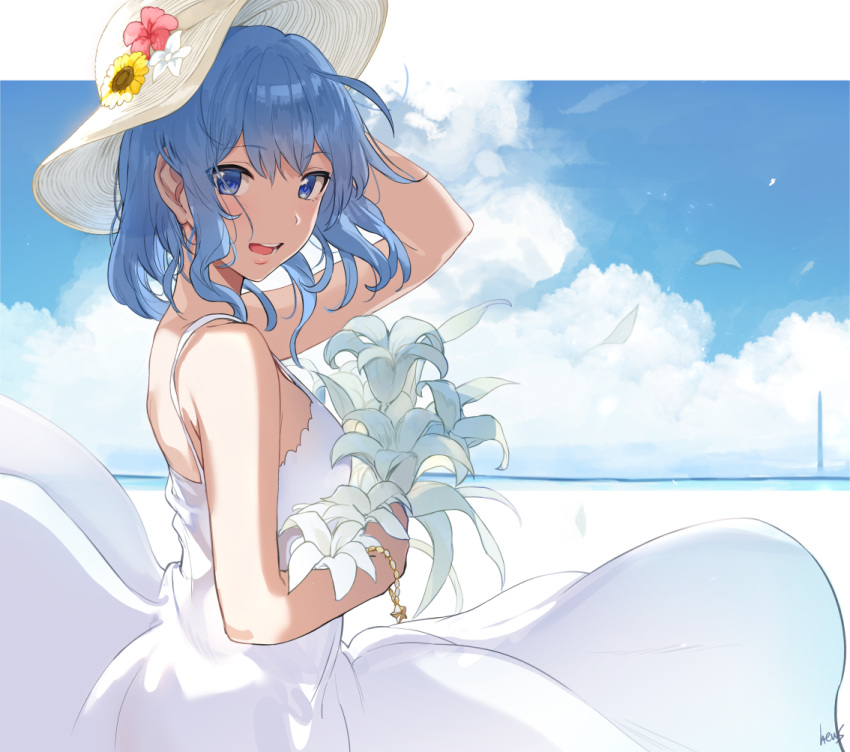 1girl blue_eyes blue_hair blue_sky bouquet breasts clouds dress flower hat hews_hack hololive horizon hoshimachi_suisei sky sleeveless sleeveless_dress solo suisei_channel sun_hat sundress virtual_youtuber