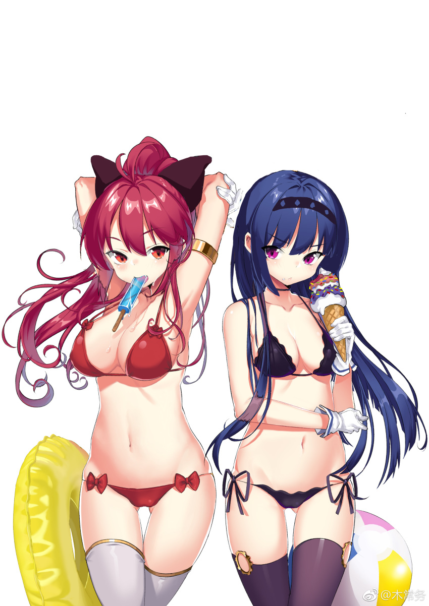 2girls absurdres armlet armpits arms_behind_head arms_up ass_visible_through_thighs ball beachball bikini black_bikini black_legwear blue_hair bow breasts choker fang food food_in_mouth gloves hair_bow hairband highres ice_cream innertube isekai_karano_nono kikimi large_breasts long_hair looking_at_viewer medium_breasts mouth_hold multiple_girls navel nono_(isekai_karano_nono) ponytail popsicle red_bikini red_eyes redhead ruri_(isekai_karano_nono) side-tie_bikini simple_background strap_gap swimsuit thigh-highs thigh_gap violet_eyes white_background white_gloves white_legwear