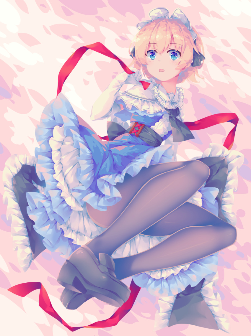 1girl abstract_background alice_margatroid arm_up black_footwear black_legwear black_neckwear blonde_hair blue_dress blue_eyes capelet commentary cravat dress elbow_gloves eyebrows_visible_through_hair foreshortening frilled_skirt frills gloves hair_ribbon hairband highres holding holding_ribbon knees_up loafers lolita_hairband looking_at_viewer mechrailgun open_mouth pantyhose petticoat pink_background red_ribbon ribbon sash shoes short_hair skirt solo touhou white_capelet white_gloves