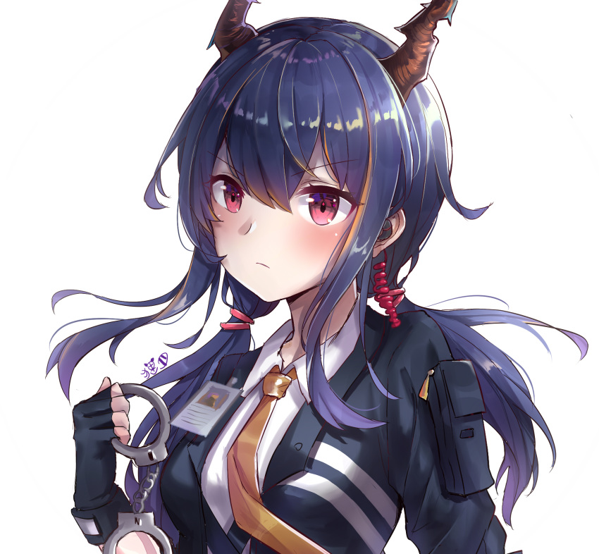 1girl arknights bangs black_gloves black_jacket blue_hair blush breasts ch'en_(arknights) commentary_request cuffs dragon_horns eyebrows_visible_through_hair fingerless_gloves gloves hair_between_eyes hand_up handcuffs highres holding horns jacket liuli88 long_hair looking_at_viewer low_twintails necktie red_eyes shirt sidelocks simple_background small_breasts solo twintails upper_body v-shaped_eyebrows white_background white_shirt yellow_neckwear