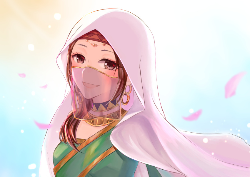 1girl :d absurdres alone_saepyon arabian_clothes brown_eyes brown_hair cherry_blossoms commentary_request dress earrings falling_petals fate/grand_order fate_(series) green_dress highres hoop_earrings jewelry long_hair looking_at_viewer mouth_veil open_mouth siduri_(fate/grand_order) smile veil white_hood