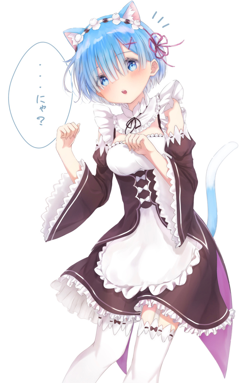 1girl absurdres animal_ears bangs blue_eyes blue_hair blush breasts cat_ears cat_tail commentary_request detached_sleeves dress eyebrows_visible_through_hair frills hair_ornament hair_over_one_eye hair_ribbon highres long_sleeves looking_at_viewer maid maid_headdress medium_breasts open_mouth potate re:zero_kara_hajimeru_isekai_seikatsu red_ribbon rem_(re:zero) ribbon short_hair simple_background solo tail thigh-highs translation_request upper_teeth white_background white_legwear x_hair_ornament