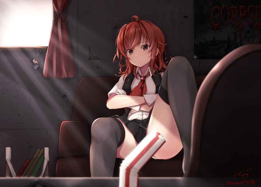1girl ahoge arashi_(kantai_collection) baileys_(tranquillity650) black_legwear black_vest blouse blush book brown_eyes closed_eyes couch drinking_straw eyebrows_visible_through_hair gloves highres kantai_collection kerchief long_hair looking_at_viewer messy_hair neckerchief on_couch pleated_skirt red_neckwear redhead ribbon school_uniform shigure_(kantai_collection) shirt short_hair short_sleeves sitting skirt solo sunlight table thigh-highs vest white_gloves window