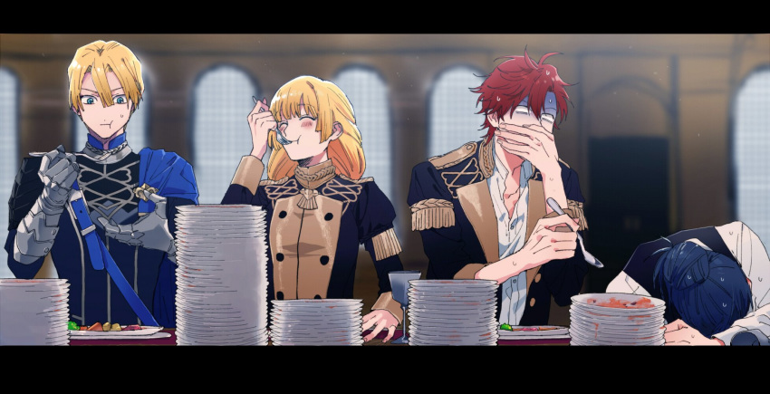 1girl 3boys black_hair blonde_hair blue_cape blue_eyes cape closed_eyes closed_mouth cup dimitri_alexandre_blaiddyd eating felix_hugo_fraldarius fire_emblem fire_emblem:_three_houses fork garreg_mach_monastery_uniform highres holding holding_fork ingrid_brandl_galatea long_hair long_sleeves multiple_boys plate redhead short_hair sylvain_jose_gautier uniform whavkm