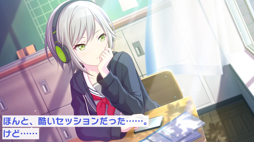 1girl bangs black_jacket cellphone desk green_eyes grey_hair grey_shirt hand_on_own_cheek headphones highres hinomori_shiho jacket locker long_sleeves looking_out_window official_art open_clothes open_jacket phone project_sekai school_desk school_uniform serafuku shirt short_hair smartphone solo swept_bangs translated