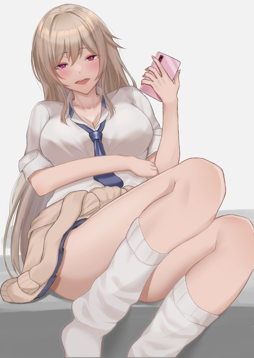 1girl :d absurdres blush breasts cellphone clothes_around_waist eyebrows_visible_through_hair furen_e_lustario highres long_hair looking_at_viewer loose_socks necktie nijisanji open_mouth phone pleated_skirt sitting skirt skysign_ft smartphone smile solo teeth uniform violet_eyes virtual_youtuber white_legwear