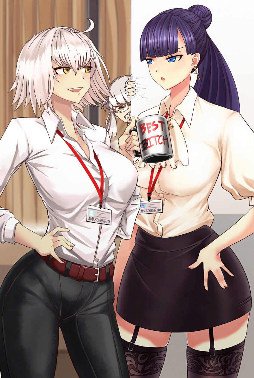 2girls :o absurdres ahoge bangs belt black_skirt blue_eyes blunt_bangs breasts brown_belt casul collared_shirt cross cup curtains dress_shirt earrings english_commentary fate/grand_order fate_(series) garter_straps glasses hair_between_eyes hair_bun high_ponytail highres hime_cut holding holding_cup huge_filesize id_card jeanne_d'arc_(alter)_(fate) jeanne_d'arc_(fate)_(all) jewelry lanyard large_breasts multiple_girls office_lady open_mouth pants pencil_skirt penthesilea_(fate/grand_order) purple_hair saint_martha shirt short_hair silver_hair skirt standing straight_hair thigh-highs white_shirt yellow_eyes