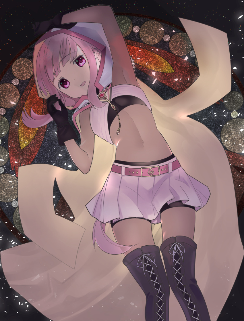 1girl armpits bangs belt belt_buckle bike_shorts black_gloves black_shorts blunt_bangs bodysuit boots breasts brown_footwear buckle cloak covered_navel eyebrows_visible_through_hair from_above gloves highres hood hood_up long_hair looking_at_viewer lying magia_record:_mahou_shoujo_madoka_magica_gaiden mahou_shoujo_madoka_magica micartoon_yasu miniskirt on_back open_mouth pink_belt pink_hair pleated_skirt ponytail red_eyes short_shorts shorts shorts_under_skirt skirt small_breasts solo tamaki_iroha thigh-highs thigh_boots very_long_hair white_skirt