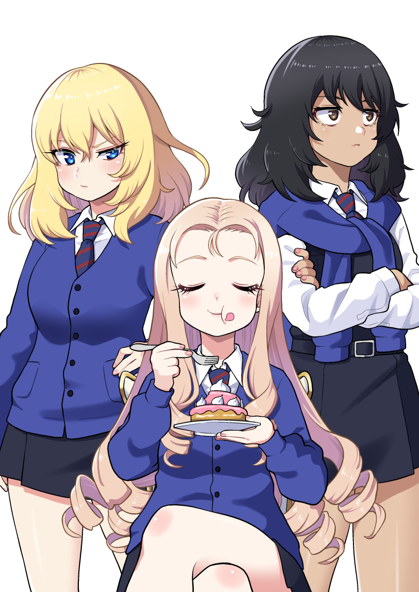 3girls :t absurdres andou_(girls_und_panzer) bangs bc_freedom_school_uniform black_hair black_skirt black_vest blonde_hair blue_eyes blue_neckwear blue_sweater brown_eyes cake cardigan closed_eyes closed_mouth commentary crossed_arms crossed_legs dark_skin dia_(yvirus68) diagonal_stripes dress_shirt drill_hair eating food food_on_face fork frown girls_und_panzer glaring half-closed_eye highres holding holding_fork holding_saucer long_sleeves looking_at_viewer looking_to_the_side marie_(girls_und_panzer) medium_hair messy_hair miniskirt multiple_girls necktie oshida_(girls_und_panzer) pleated_skirt red_neckwear school_uniform shirt simple_background sitting skirt smile striped striped_neckwear sweater sweater_around_neck vest white_background white_shirt wing_collar
