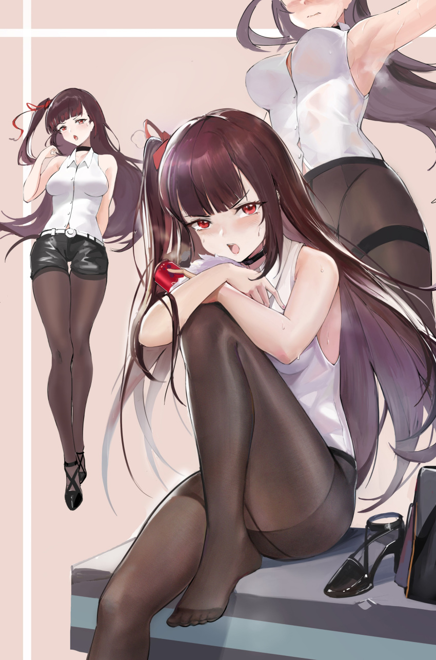 1girl absurdres armpits bangs bare_shoulders black_footwear black_legwear black_shorts blunt_bangs blush breasts bullpup collared_shirt commentary footwear_removed full_body girls_frontline guernical gun hair_ribbon half_updo head_out_of_frame high_heels highres leg_lift long_hair looking_at_viewer medium_breasts multiple_views one_side_up outstretched_arm pants pants_removed pantyhose purple_hair red_eyes red_ribbon ribbon rifle shirt shorts sitting sleeveless sleeveless_shirt sniper_rifle standing thigh_gap thighband_pantyhose toes wa2000_(girls_frontline) walther walther_wa_2000 weapon