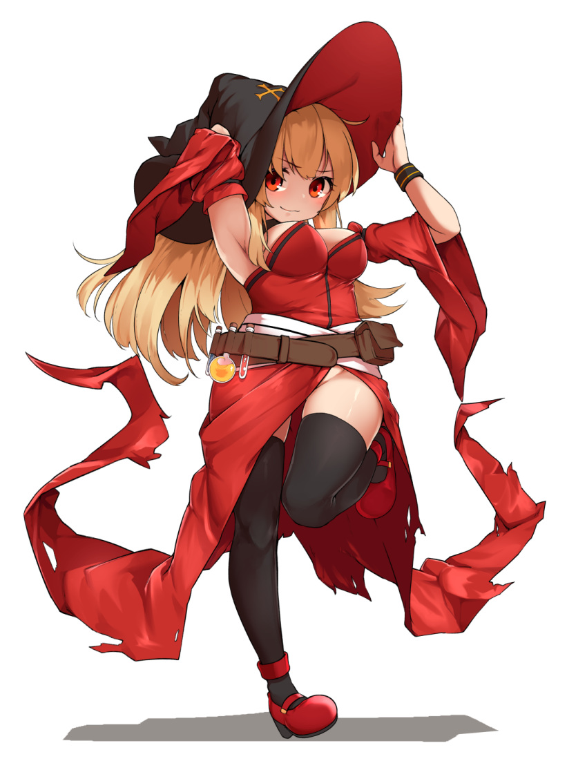 1girl bangs black_headwear black_legwear breasts commentary_request commission dress dungeon_and_fighter eyebrows_visible_through_hair hat highres large_breasts lavie long_hair looking_at_viewer no_panties potion red_dress red_footwear red_headwear shoes simple_background smile solo thigh-highs two-tone_headwear white_background witch_hat