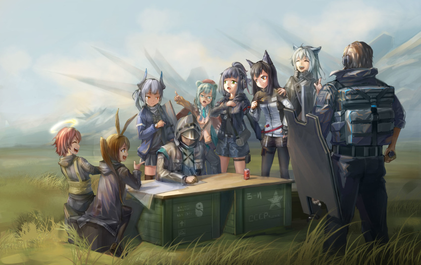 2boys 6+girls ace_(arknights) amiya_(arknights) animal_ears arknights blue_hair brown_hair chinese_commentary crate doctor_(arknights) exusiai_(arknights) grass halo highres istina_(arknights) jessica_(arknights) lappland_(arknights) liskarm_(arknights) monocle multiple_boys multiple_girls outdoors redhead shield short_hair stalin_(artist) texas_(arknights) white_hair