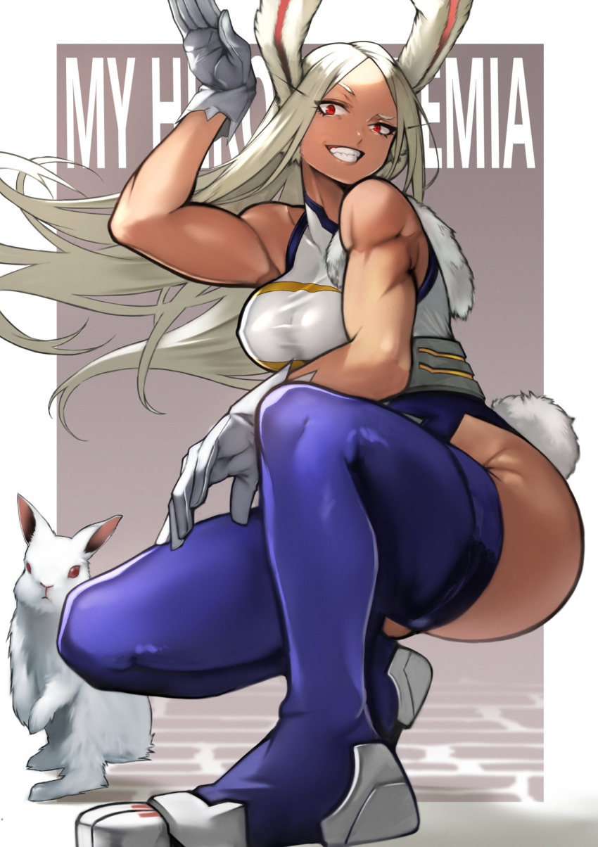 1girl animal_ears bangs blue_legwear boku_no_hero_academia breasts bunny_tail dark_skin forehead full_body gloves grin highres impossible_clothes impossible_leotard large_breasts leotard long_hair mirko muscle muscular_female one_knee outside_border parted_bangs paw_shoes pose rabbit rabbit_ears raised_eyebrow red_eyes shoes silver_hair smile solo_focus squatting tail taut_leotard thigh-highs white_gloves white_leotard yoshio_(55level)