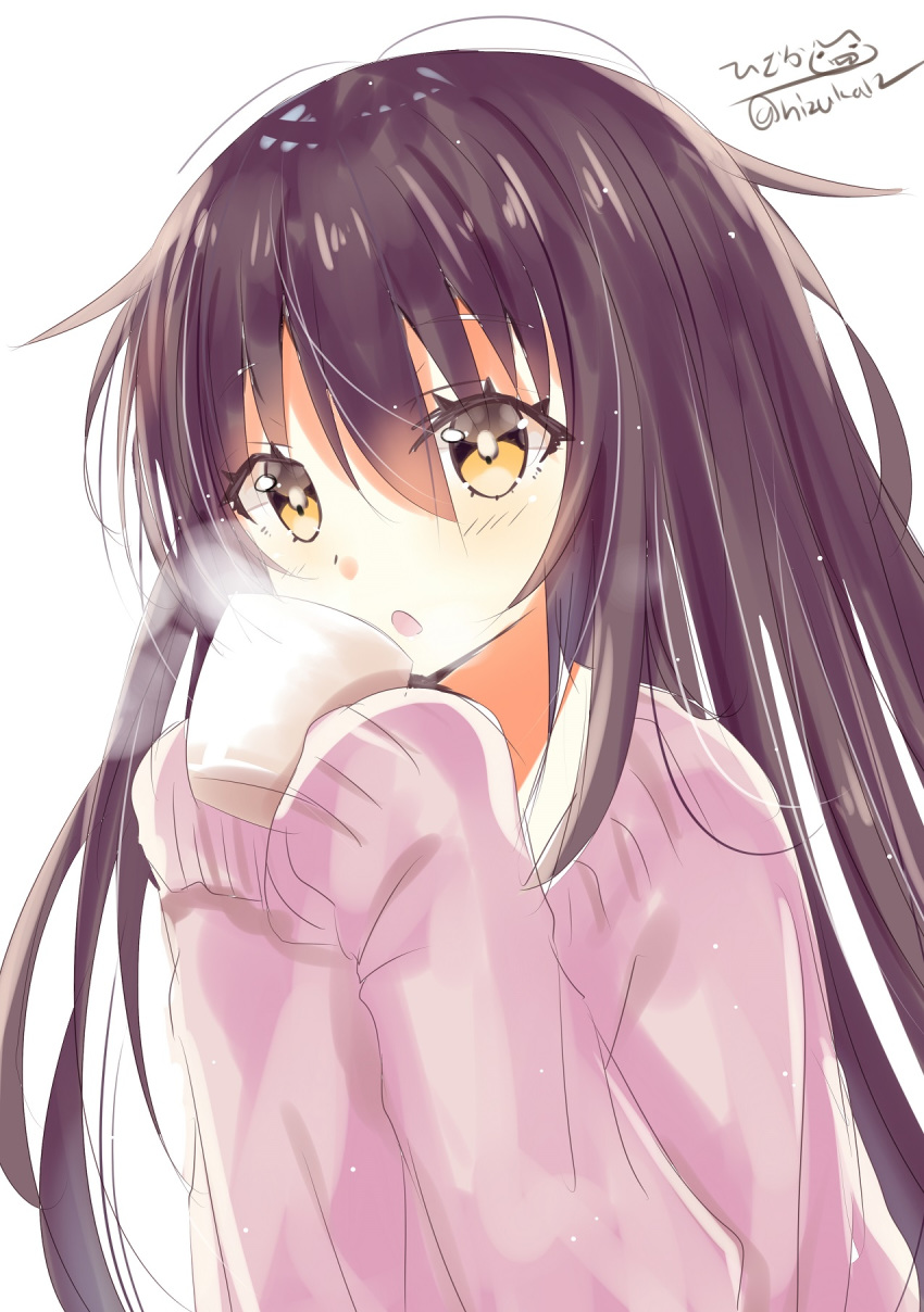 1girl alternate_costume black_hair blush brown_eyes cup eyebrows_visible_through_hair hair_ornament hatsushimo_(kantai_collection) highres hizaka kantai_collection long_hair long_sleeves looking_at_viewer open_mouth pink_sweater simple_background sleeves_past_wrists solo steam sweater twitter_username white_background