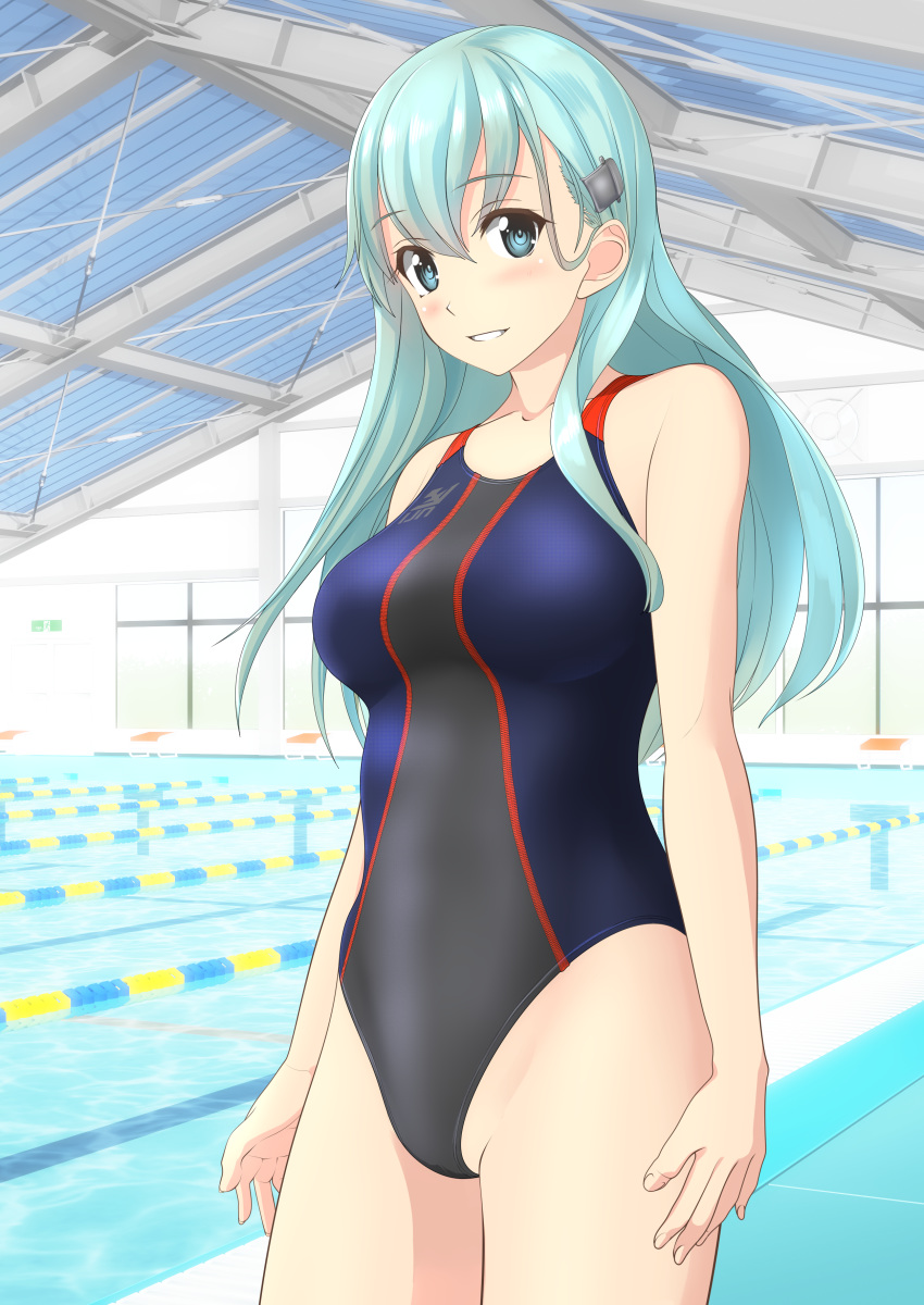 1girl absurdres alternate_costume aqua_eyes aqua_hair black_swimsuit breasts competition_swimsuit hair_ornament hairclip highres indoors kantai_collection long_hair looking_at_viewer medium_breasts multicolored multicolored_clothes multicolored_swimsuit one-piece_swimsuit parted_lips pool smile solo suzuya_(kantai_collection) swimsuit takafumi