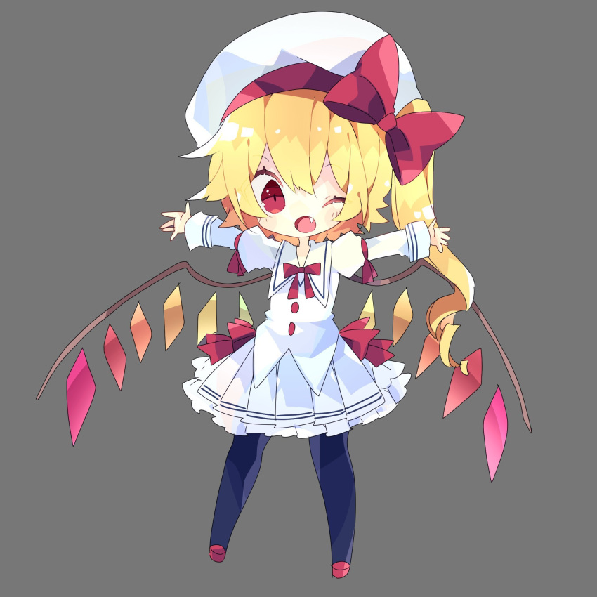 1girl black_legwear blonde_hair bow chibi commentary_request crystal fang flandre_scarlet full_body grey_background hat hat_bow highres long_hair long_sleeves looking_at_viewer nikorashi-ka one_eye_closed open_mouth outstretched_arms pleated_skirt puffy_sleeves red_bow red_eyes red_footwear red_neckwear shirt side_ponytail simple_background skirt solo spread_arms touhou white_headwear white_shirt white_skirt wings