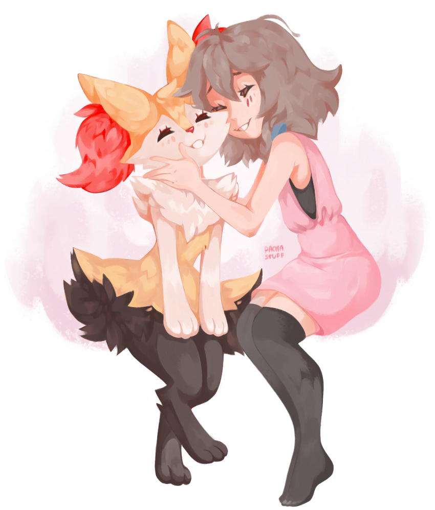 animal_ears braixen dress fox fox_ears fox_tail highres pacha_(pachastuff) pink_dress pokemon pokemon_(game) pokemon_xy serena_(pokemon) smile tail yellow_fur yellow_skin